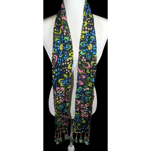Talbots Retro Rainbow Floral Beaded Tassel Scarf - Picture 1 of 6